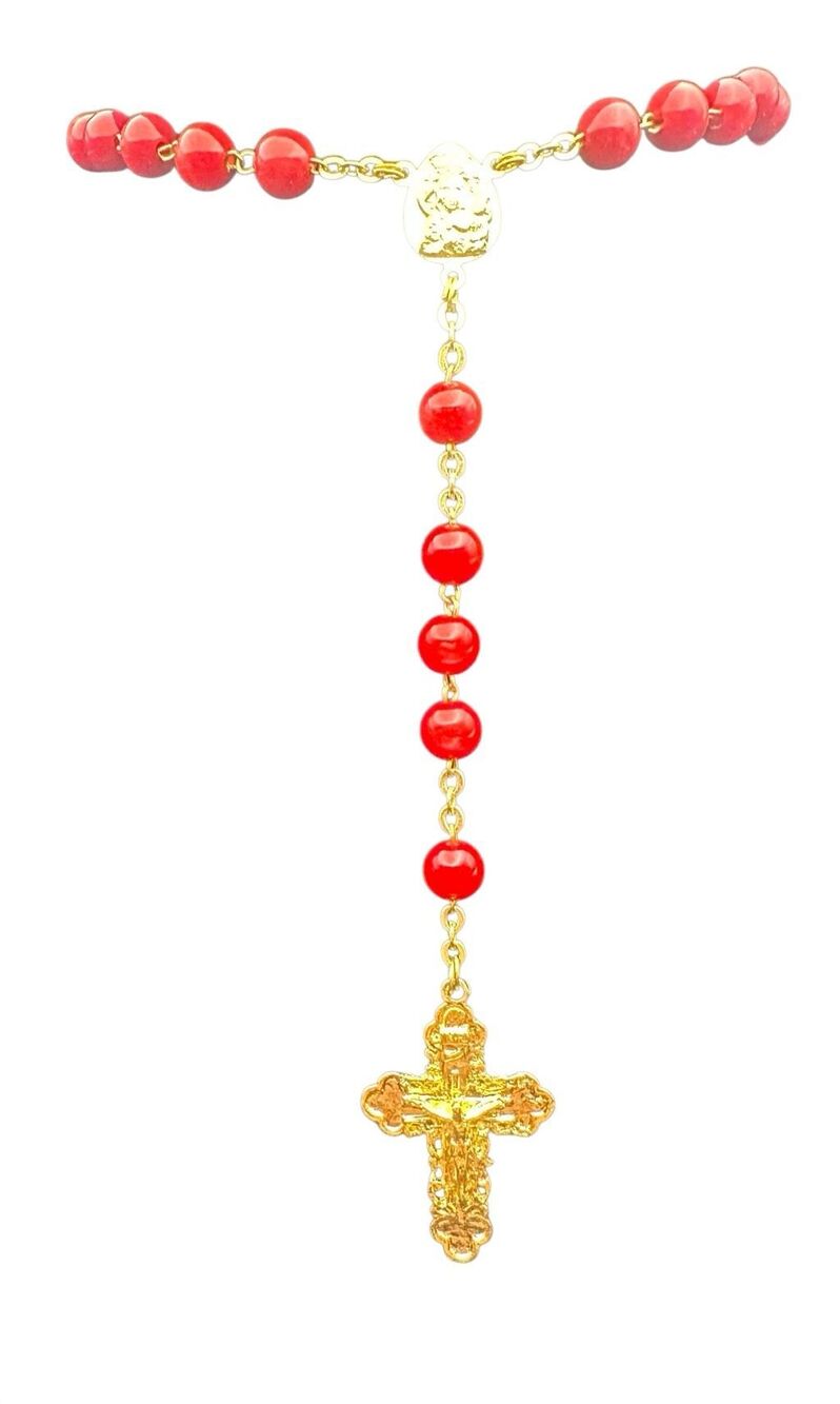 Vintage Style Red & Gold Beaded Rosary Necklace – Five Decade Catholic Prayer Be